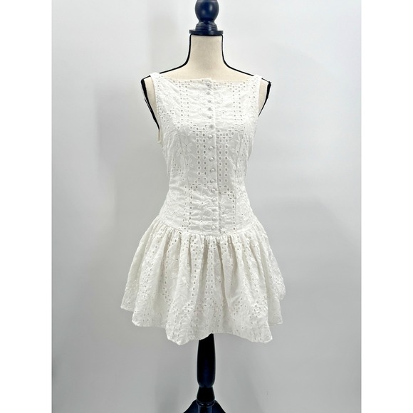 SHEIN Dresses & Skirts - Eyelet Lace Drop Waist Mini Dress Large Open Back Button Front High Neck Cottage